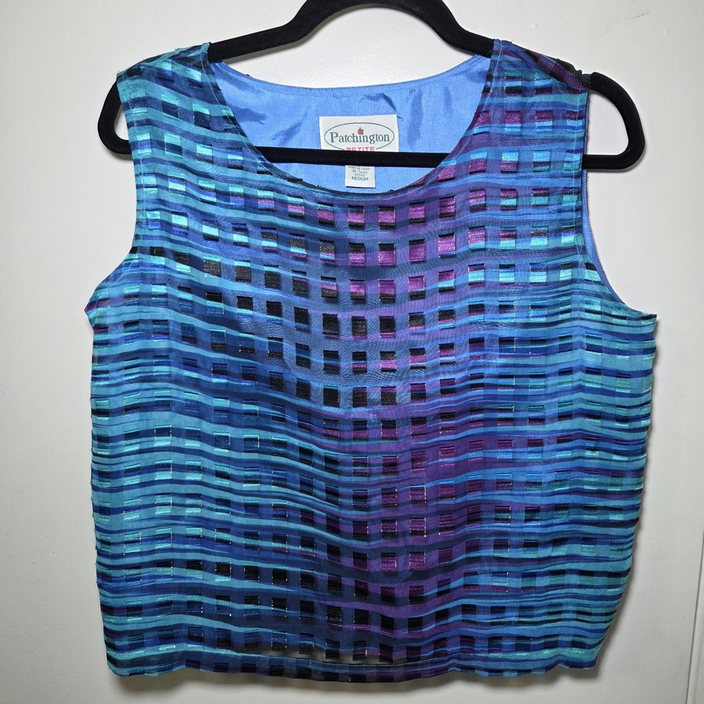 Patchington Petite Abstract Plaid Burnout Sleeveless Boxy‎ Blouse PM Artsy 90s